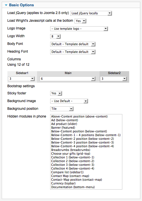 Template configuration options